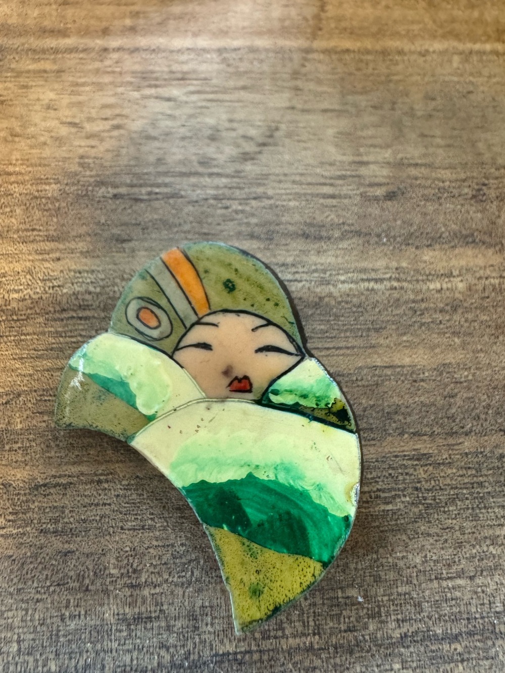 Vintage 1920s Lacquered Wood -Painted Art Pin